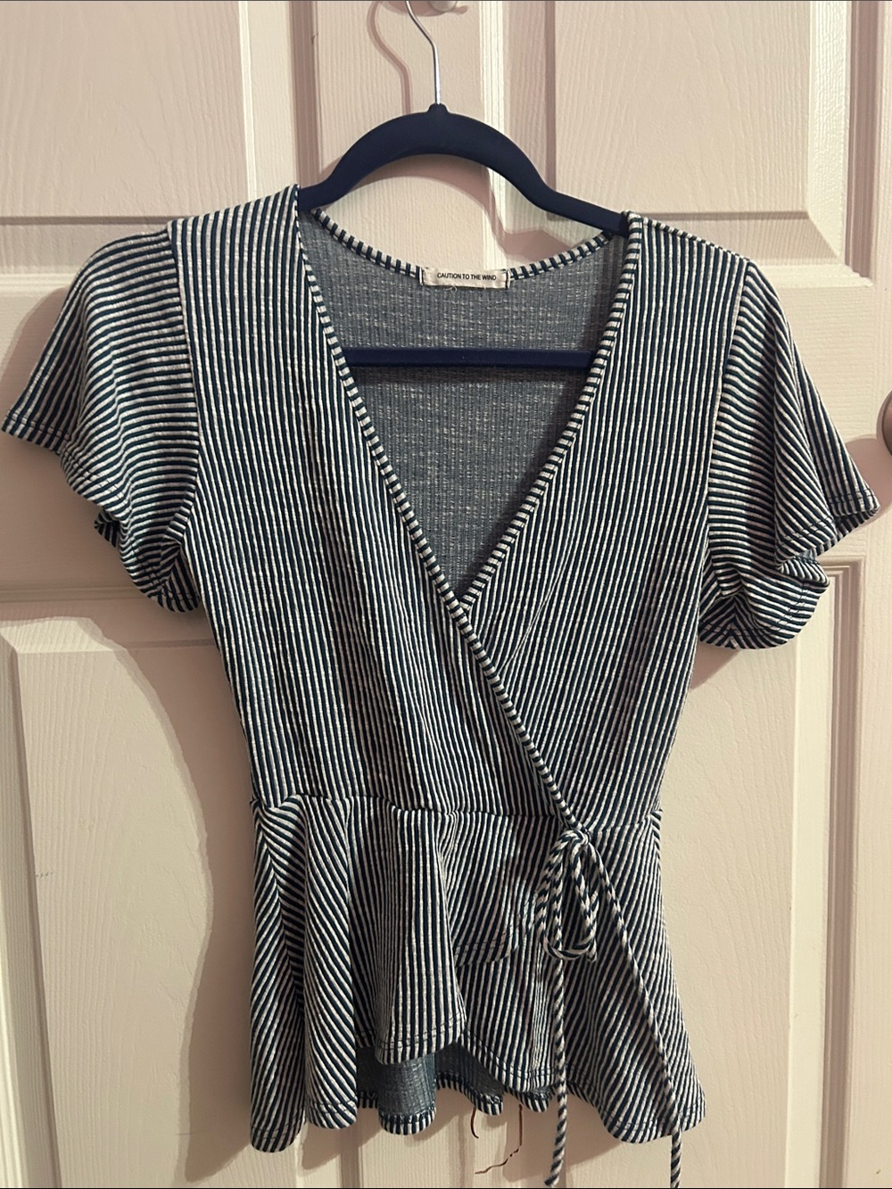 Striped Wrap Peplum Top - Navy/White